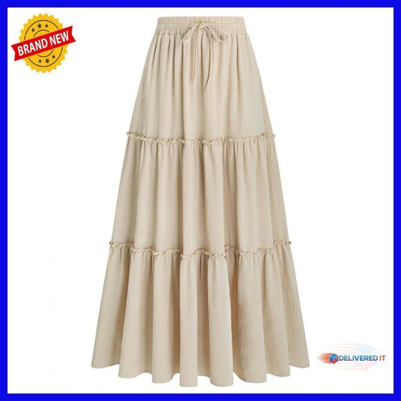 Women's High Waist Pleated Maxi Skirt with Pockets - Flowy Boho Style